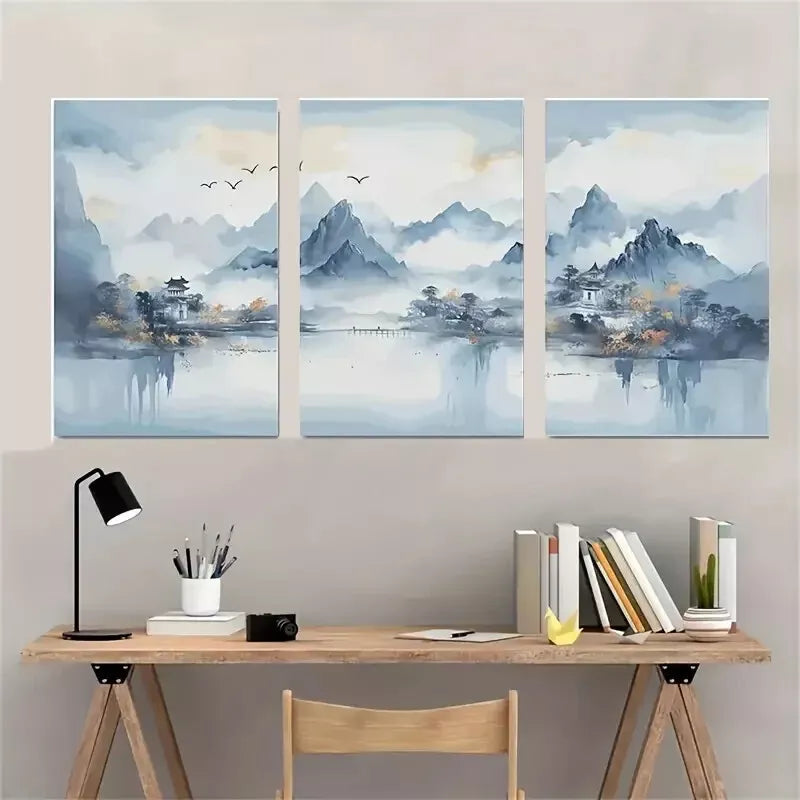 3pcs Modern Blue Abstract Mountain Murals Wall Art Set Canvas Framed 40x60cm - High Quality Print 100% Australian Made Wall Canvas Ready to Hang