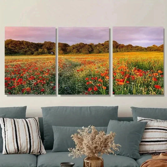 3pcs Beautiful Poppy Field Triptych Wall Art Set Canvas Framed 40x60cm - High Quality Print 100% Australian Made Wall Canvas Ready to Hang