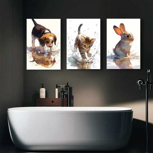 3pcs Naughty Puppies and Kittens with Rabbits Metal Print Ready to Hang Art