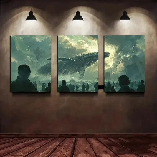 3pcs Whale Silhouette White Clouds Peoples Metal Print Ready to Hang Art