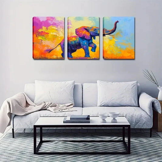 3pcs Vibrant Colorful Elephant Modern Wall Art Set Canvas Framed 40x60cm - High Quality Print 100% Australian Made Wall Canvas Ready to Hang