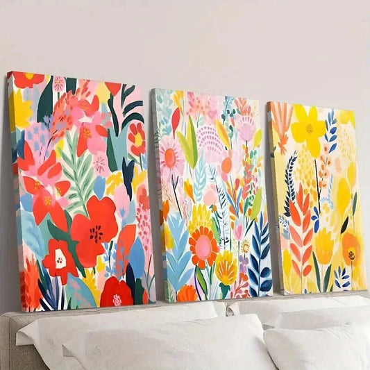 3pcs Colorful Botanical Flowers and Leaves Wall Art Set Canvas Framed 40x60cm - High Quality Print 100% Australian Made Wall Canvas Ready to Hang