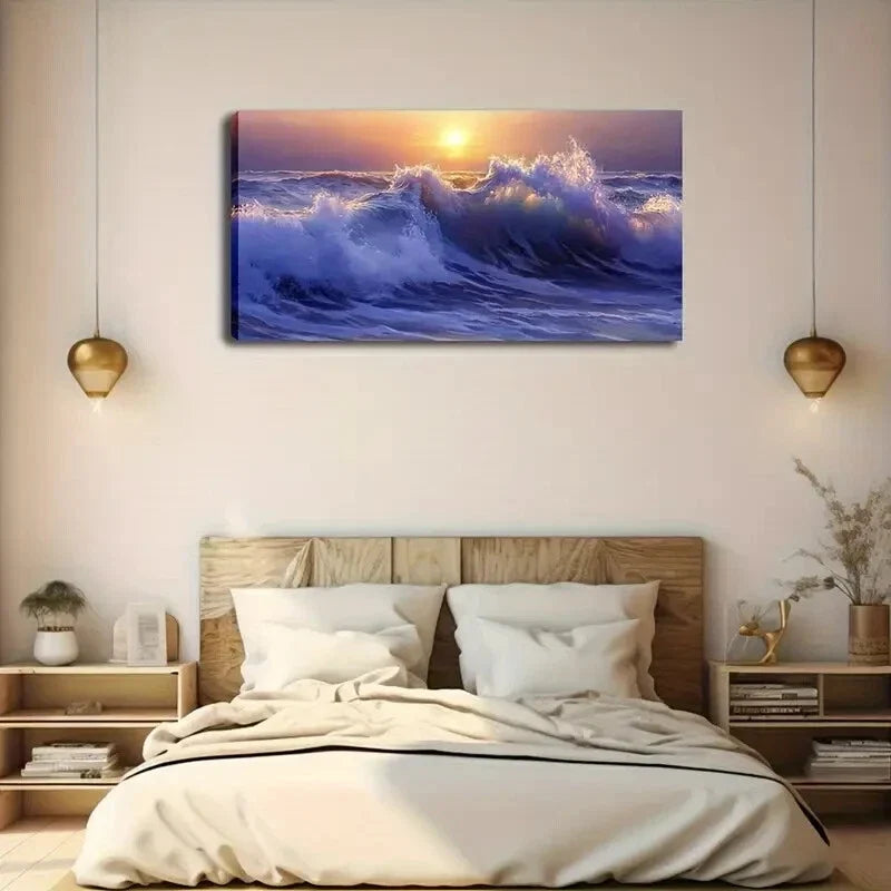 Sunset Beach Scene Waves Beach Wall Art Canvas Office Home Room Framed 120x60cm