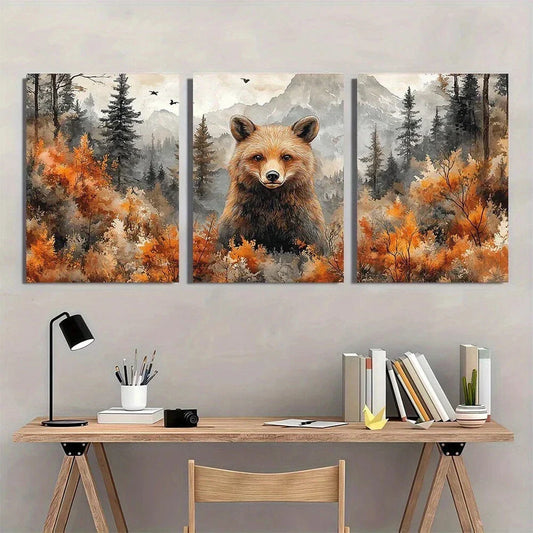 3pcs Vibrant Bear Forest Flying Birds Mountain Metal Print Ready to Hang Art