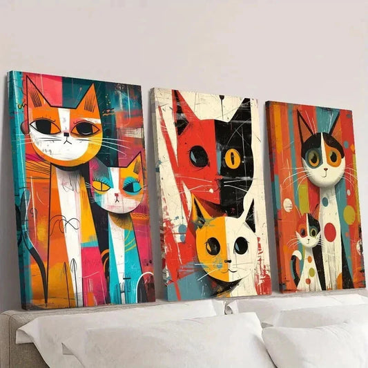 3pcs Vintage Colorful Cat Illustrations Wall Art Set Canvas Framed 40x60cm - High Quality Print 100% Australian Made Wall Canvas Ready to Hang