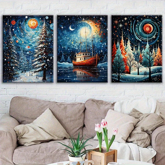 3pcs Christmas Snowy Night Modern Fantasy Metal Print Ready to Hang Art