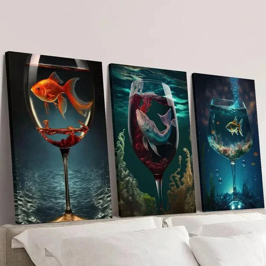 3pcs Aquarium in a Wine Glass Sea Life Wall Art Set Canvas Framed 40x60cm - High Quality Print 100% Australian Made Wall Canvas Ready to Hang