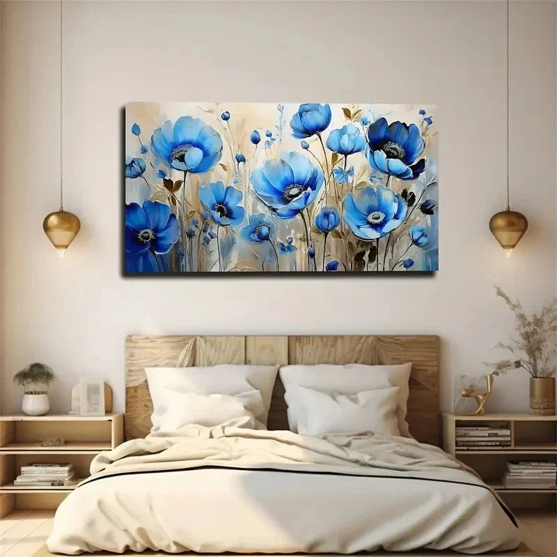 Blue Petals Yellow Leaves Wall Art Canvas Office Home Room Framed 80x45cm