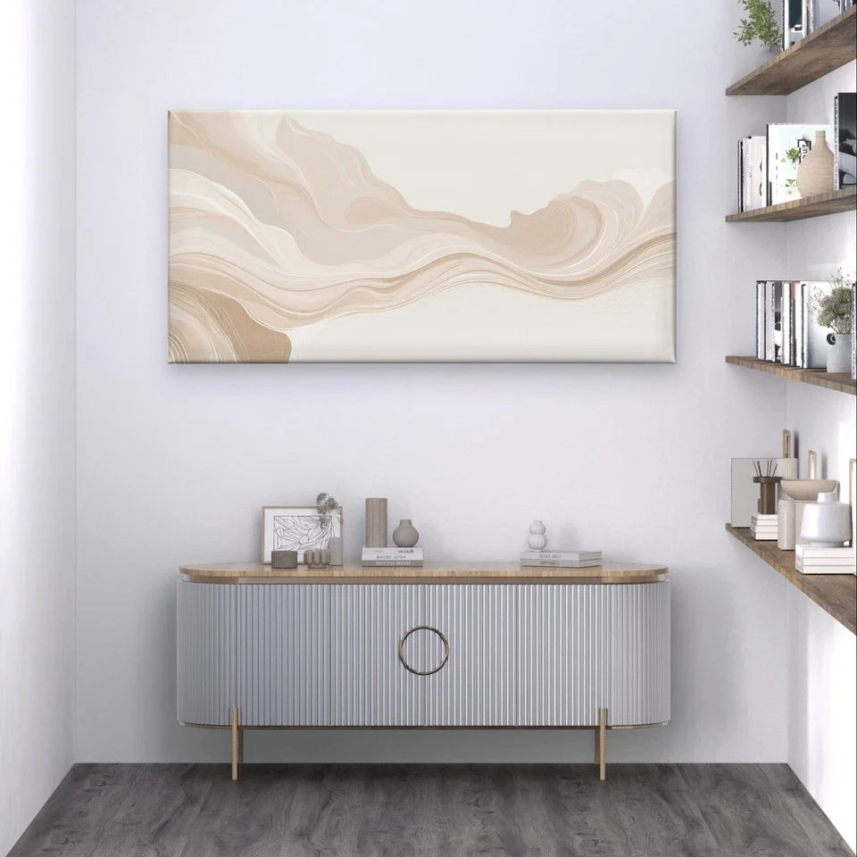 Neutral Beige Abstract Fluid Wave Wall Art Canvas Office Home Framed 80x45cm