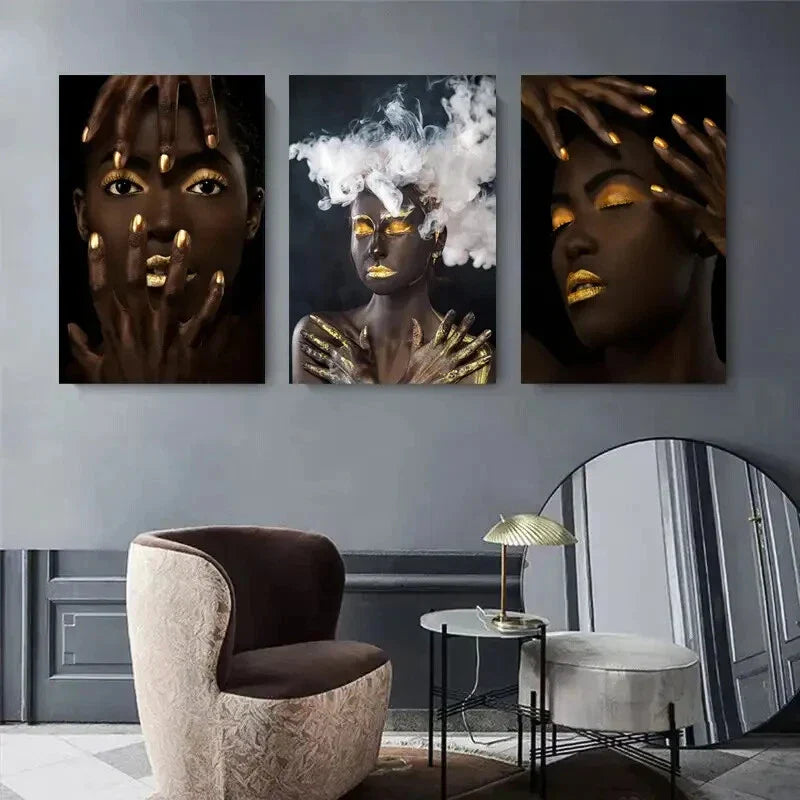 3pcs Golden Hand And Smoke Portrait Triptych Metal Print Ready to Hang Art