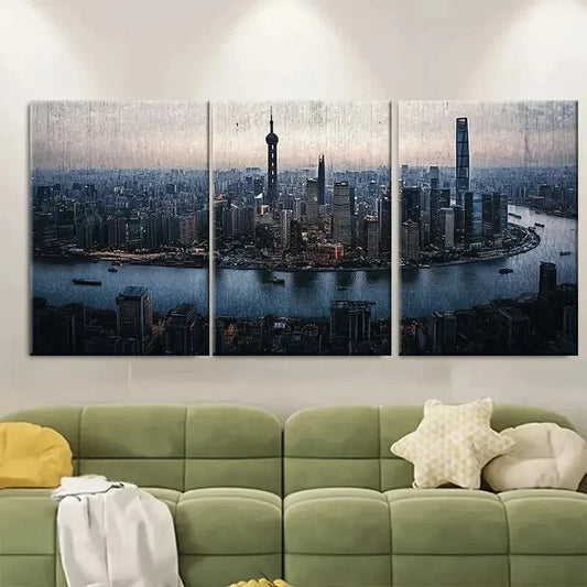 3pcs Shanghai Cityscape Urban Metal Print Ready to Hang Art
