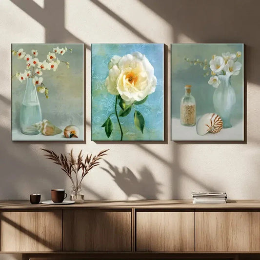 3pcs White Flower Fantasy Bottle White Rose Blue Wall Art Set Canvas Framed 40x60cm - High Quality Print 100% Australian Made Wall Canvas Ready to Hang