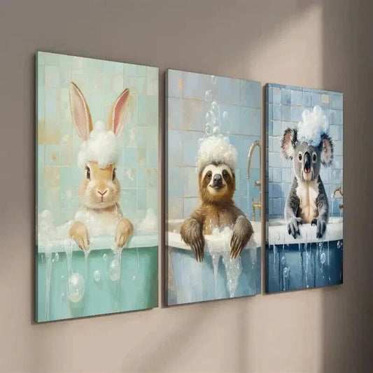 3pcs Cute Bunny Sloth Raccoon in Bathtub Wall Art Set Canvas Framed 40x60cm - High Quality Print 100% Australian Made Wall Canvas Ready to Hang