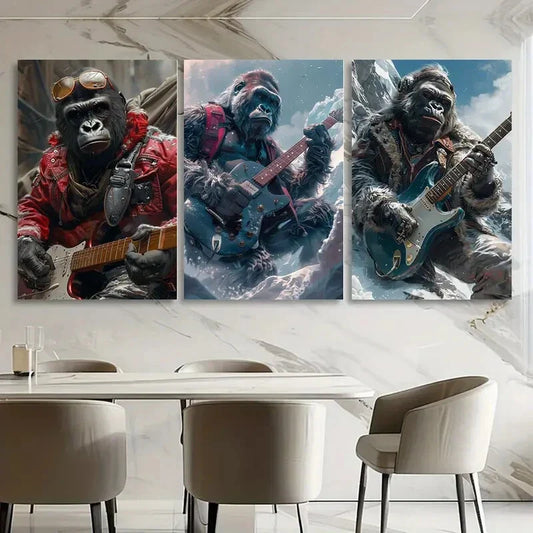 3pcs Gorilla Guitarist Red Black Blue Sky Metal Print Ready to Hang Art