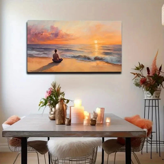 Serene Beach Meditation Scene Wall Art Canvas Office Home Room Framed 80x45cm