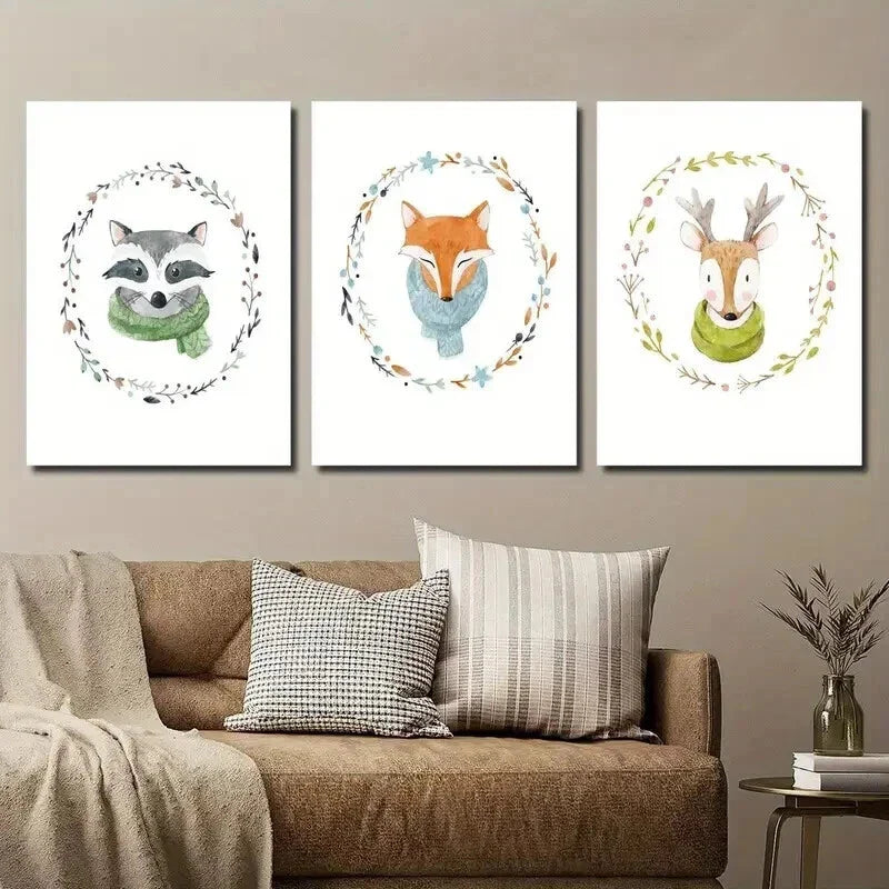 3pcs Cartoon Flower Crown Fox Deer Raccoon Wall Art Set Canvas Framed 40x60cm - High Quality Print 100% Australian Made Wall Canvas Ready to Hang