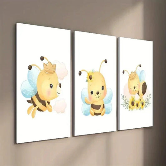 3pcs Cartoon Bees Flowers & Butterflies Wall Art Set Canvas Framed 40x60cm - High Quality Print 100% Australian Made Wall Canvas Ready to Hang