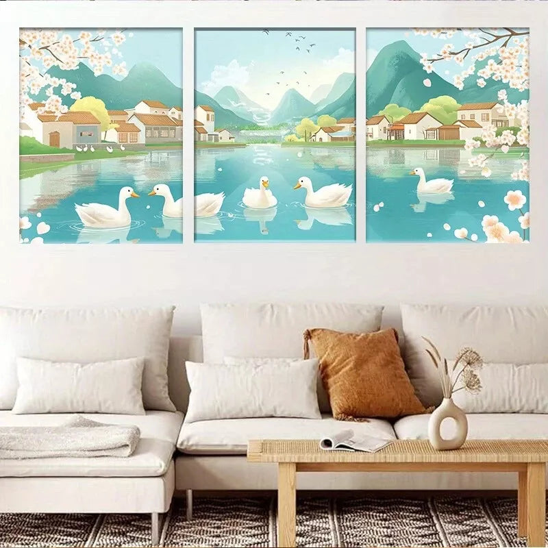 3pcs Serene Ducks on Tranquil River Wall Wall Art Set Canvas Framed 40x60cm - High Quality Print 100% Australian Made Wall Canvas Ready to Hang