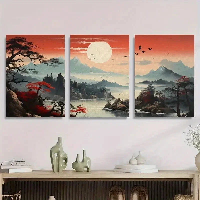 3pcs Mountain Landscape Traditional Asian Metal Print Ready to Hang Art