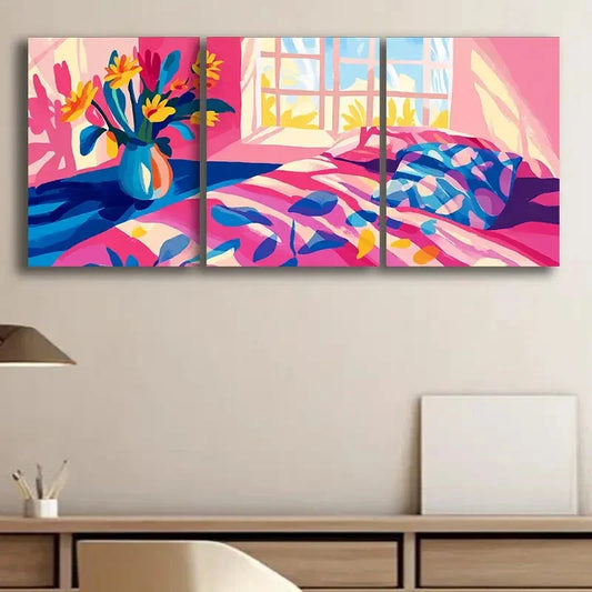 3pcs Illustration of Bedroom Colorful Perfect Wall Art Set Canvas Framed 40x60cm - High Quality Print 100% Australian Made Wall Canvas Ready to Hang