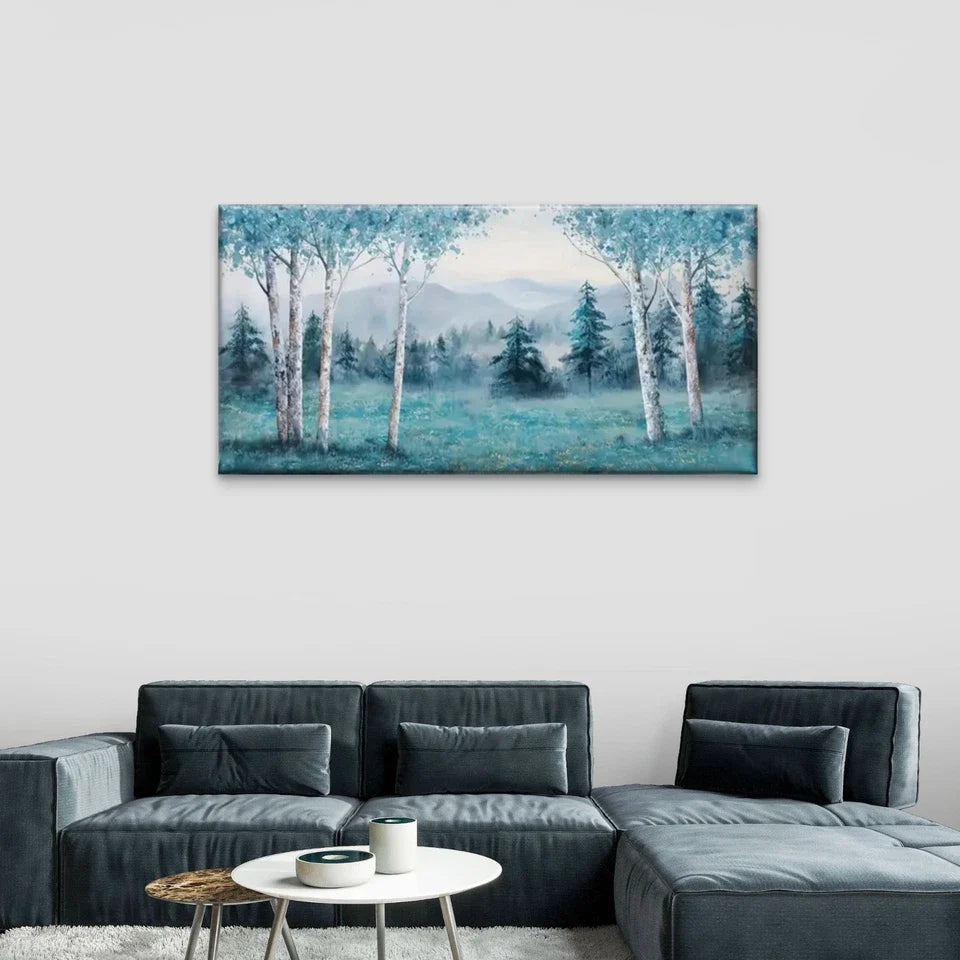 Trees Forest Pine Blue Wall Art Canvas Office Home Room Framed 80x45cm