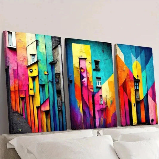 3pcs Vibrant Colorful House Architecture Wall Art Set Canvas Framed 40x60cm - High Quality Print 100% Australian Made Wall Canvas Ready to Hang