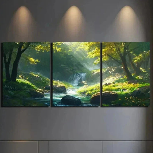 3pcs Triple Mural Forest & Stream Painting Wall Art Set Canvas Framed 40x60cm - High Quality Print 100% Australian Made Wall Canvas Ready to Hang