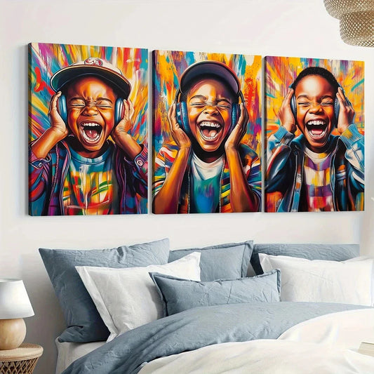 3pcs Elegant African American Boy Colorful Wall Art Set Canvas Framed 40x60cm - High Quality Print 100% Australian Made Wall Canvas Ready to Hang