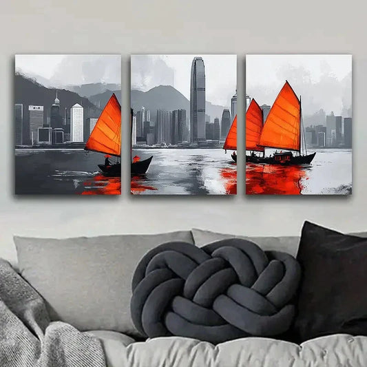 3pcs Featuring The Hong Kong Harbor Metal Print Ready to Hang Art
