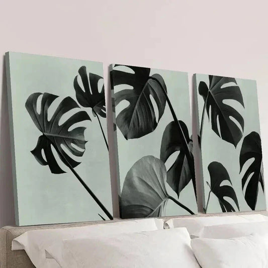 3pcs Black & White Botanical Monstera Leaf Wall Art Set Canvas Framed 40x60cm - High Quality Print 100% Australian Made Wall Canvas Ready to Hang