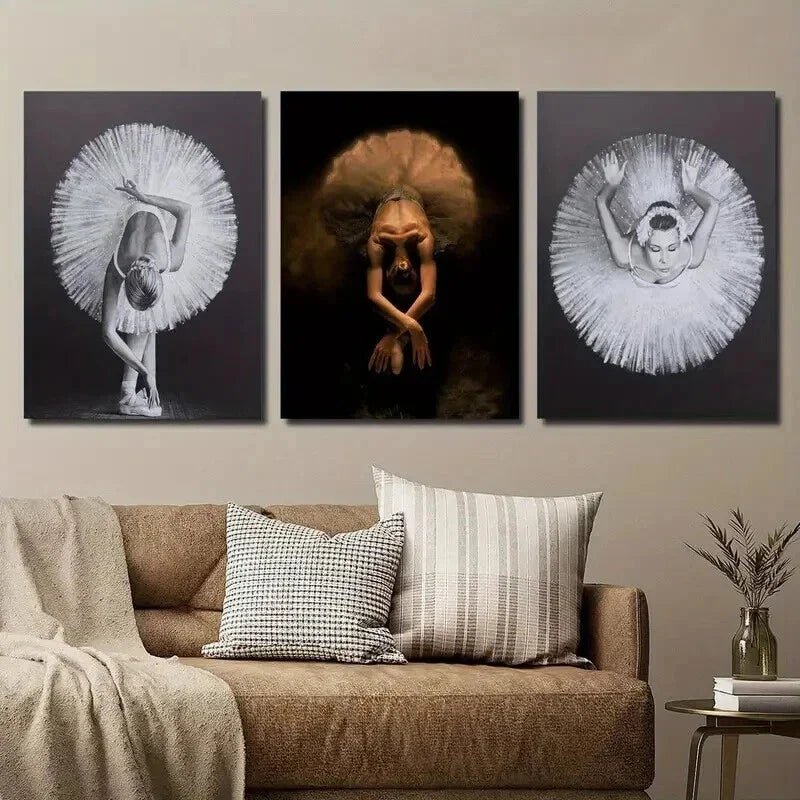 3pcs Graceful Ballerinas in Black White & Gold Wall Art Set Canvas Framed 40x60cm - High Quality Print 100% Australian Made Wall Canvas Ready to Hang