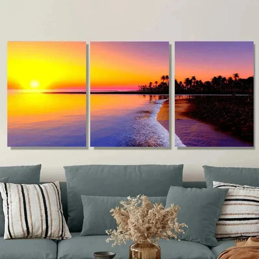 3pcs Beautiful Sunset Beach Ocean & Palm Tree Wall Art Set Canvas Framed 40x60cm - High Quality Print 100% Australian Made Wall Canvas Ready to Hang