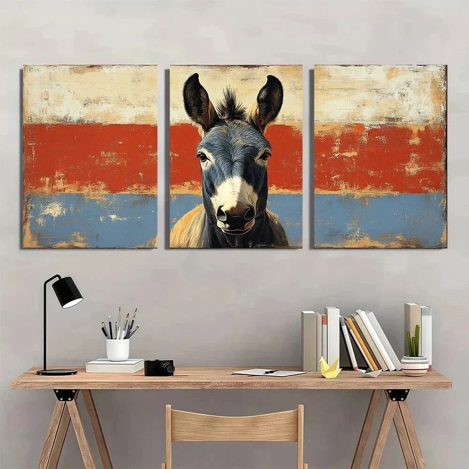 3pcs Vintage Texas Donkey Earthy Tones Metal Print Ready to Hang Art