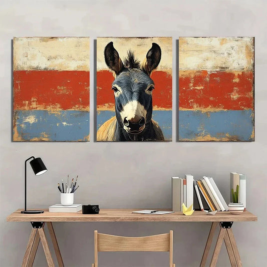 3pcs Vintage Texas Donkey Earthy Tones Metal Print Ready to Hang Art