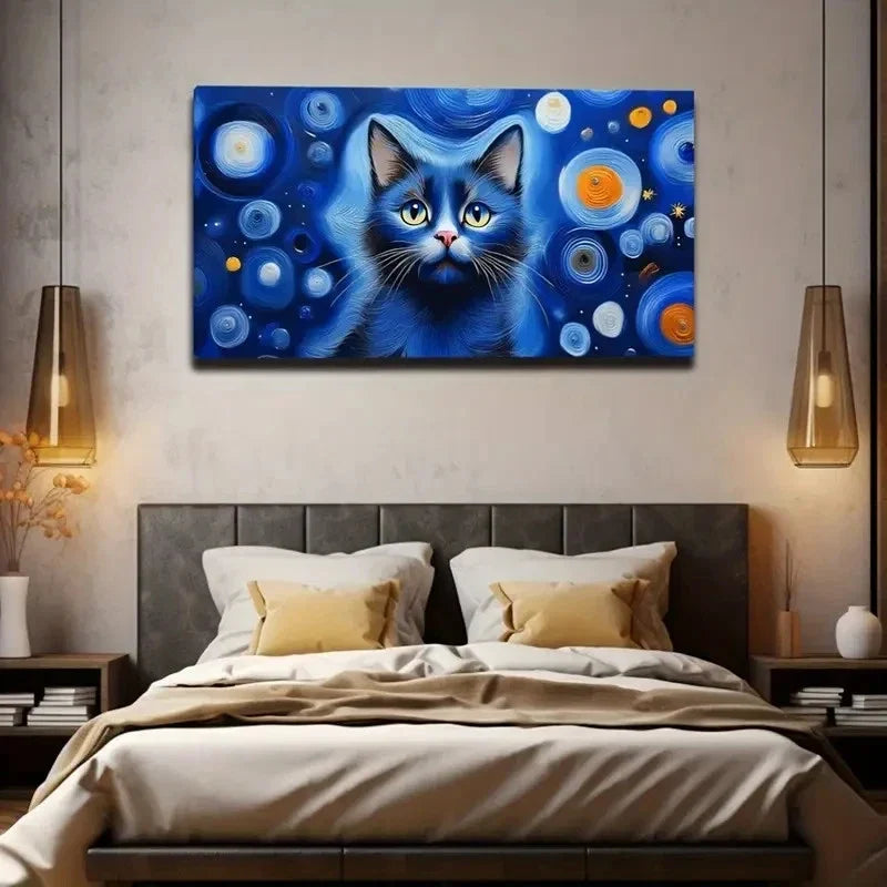 Mystical Blue Cat With Vibrant Wall Art Canvas Office Home Room Framed 80x45cm