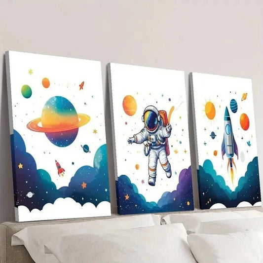 3pcs Cute Astronaut Traveling Planet & Rockets Wall Art Set Canvas Framed 40x60cm - High Quality Print 100% Australian Made Wall Canvas Ready to Hang