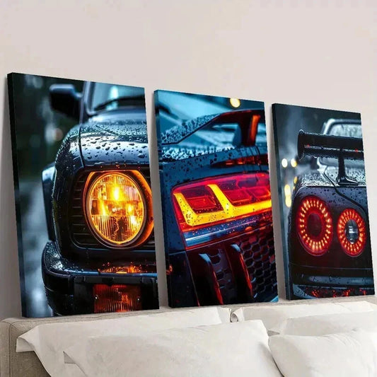 3pcs Cool Antique Car Headlight Taillights Wall Art Set Canvas Framed 40x60cm - High Quality Print 100% Australian Made Wall Canvas Ready to Hang