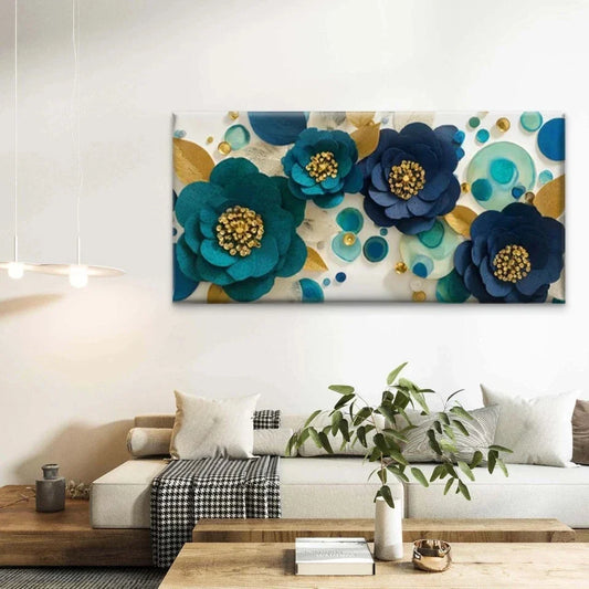 Floral Navy & Golden Accent Wall Art Canvas Office Home Room Framed 80x45cm