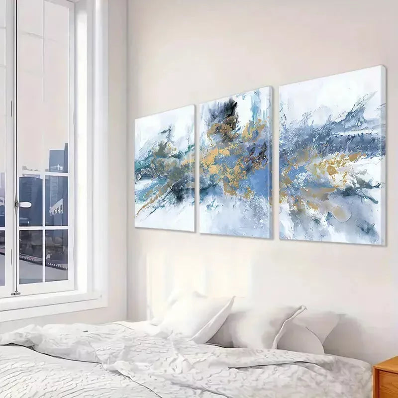 3pcs Abstract Blue and Golden Wall Art Set Canvas Framed 40x60cm - High Quality Print 100% Australian Made Wall Canvas Ready to Hang