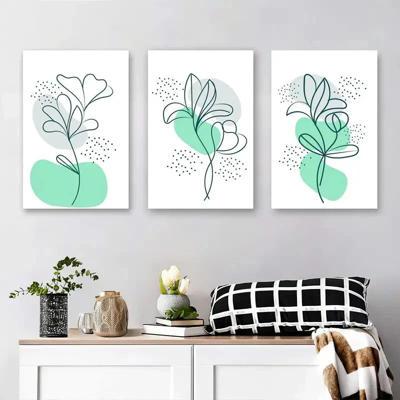 3pcs Minimalist Floral Line Green & Mint Nature Metal Print Ready to Hang Art