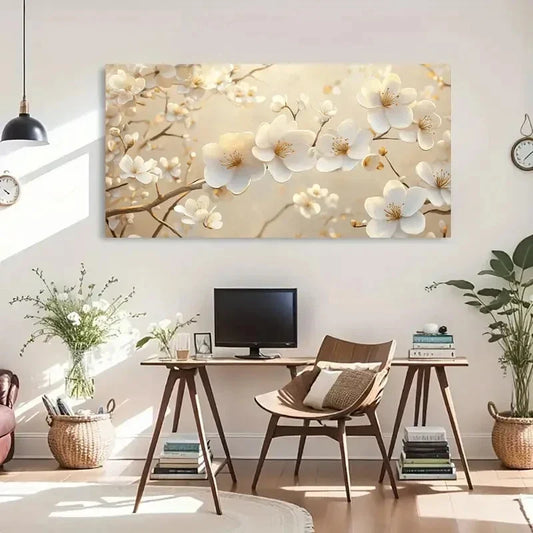 White Blossoms Deco Floral Wall Art Canvas Office Home Room Framed 80x45cm