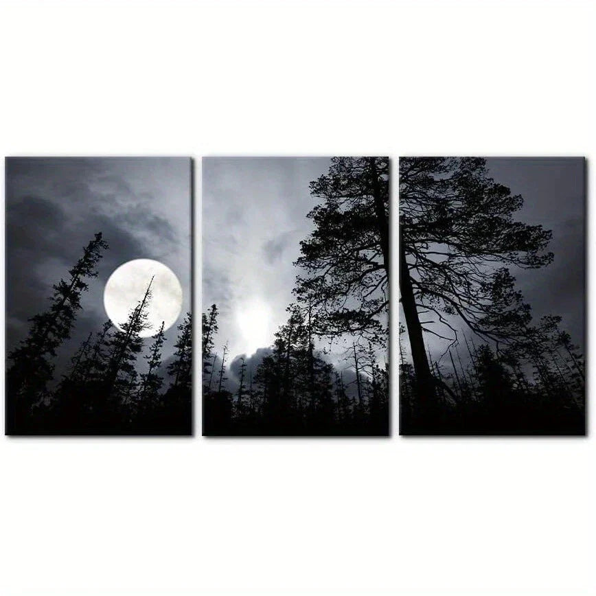 3pcs Dark Forest Night Full Moon Metal Print Ready to Hang Art