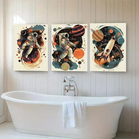 3pcs Retro Space Exploration Astronauts Perfect Wall Art Set Canvas Framed 40x60cm - High Quality Print 100% Australian Made Wall Canvas Ready to Hang
