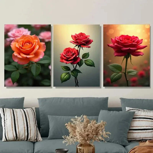 3pcs Vibrant Pink, Orange & Red Roses Green Wall Art Set Canvas Framed 40x60cm - High Quality Print 100% Australian Made Wall Canvas Ready to Hang