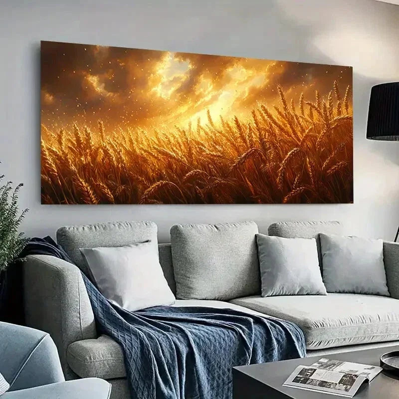 Warm Golden Landscape Wheat Wall Art Canvas Office Home Room Framed 80x45cm