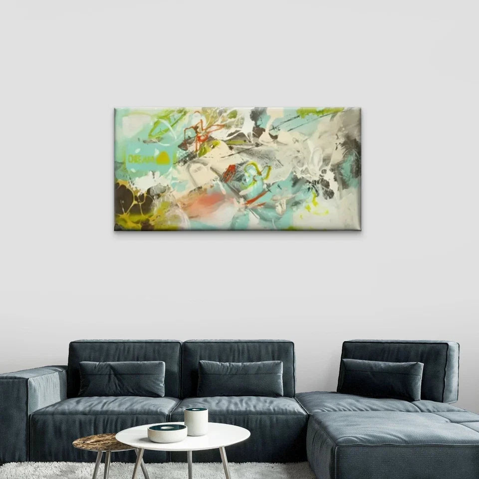 Big Green Yellow Paint Abstract Wall Art Canvas Office Home Room Framed 80x45cm