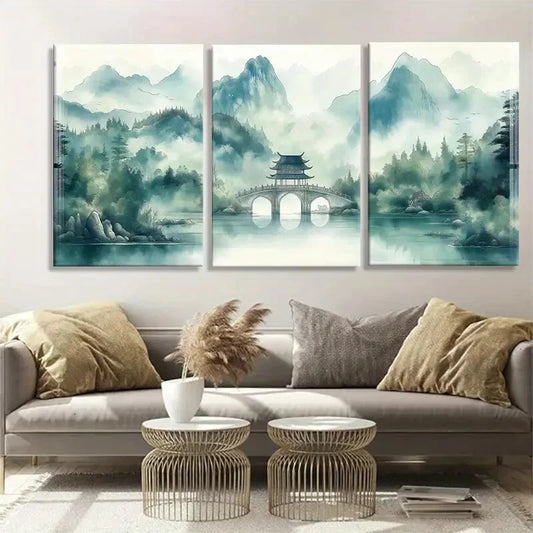 3pcs Serene Misty Mountain Bridge Lush Scene Wall Art Set Canvas Framed 40x60cm - High Quality Print 100% Australian Made Wall Canvas Ready to Hang