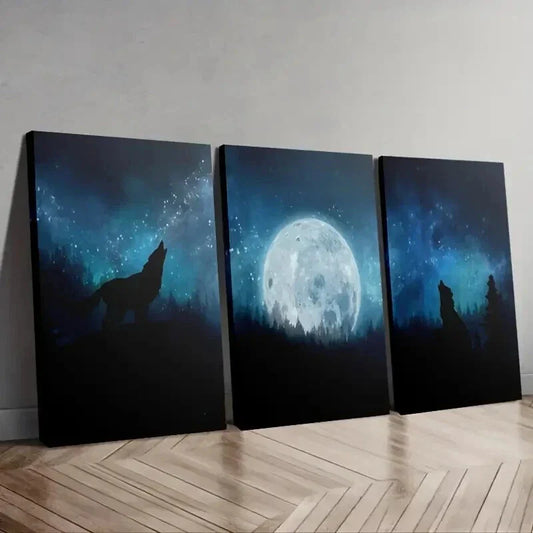 3pcs Wolf Howling at the Moon Blue Tones Night Wall Art Set Canvas Framed 40x60cm - High Quality Print 100% Australian Made Wall Canvas Ready to Hang
