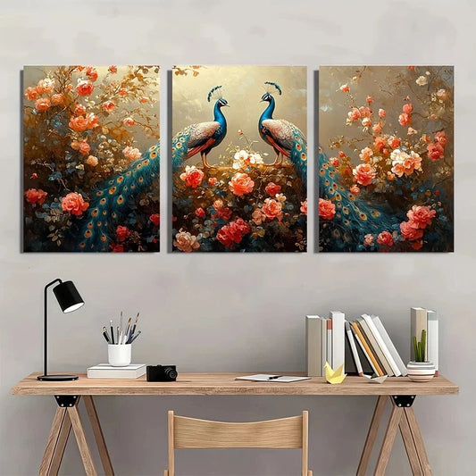 3pcs Vibrant Peacock & Floral Metal Print Ready to Hang Art