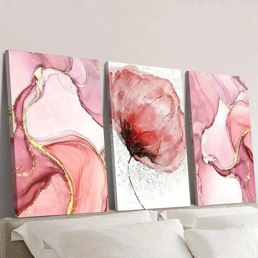 3pcs Abstract Gold Lined Pink Flowers & Design Wall Art Set Canvas Framed 40x60cm - High Quality Print 100% Australian Made Wall Canvas Ready to Hang